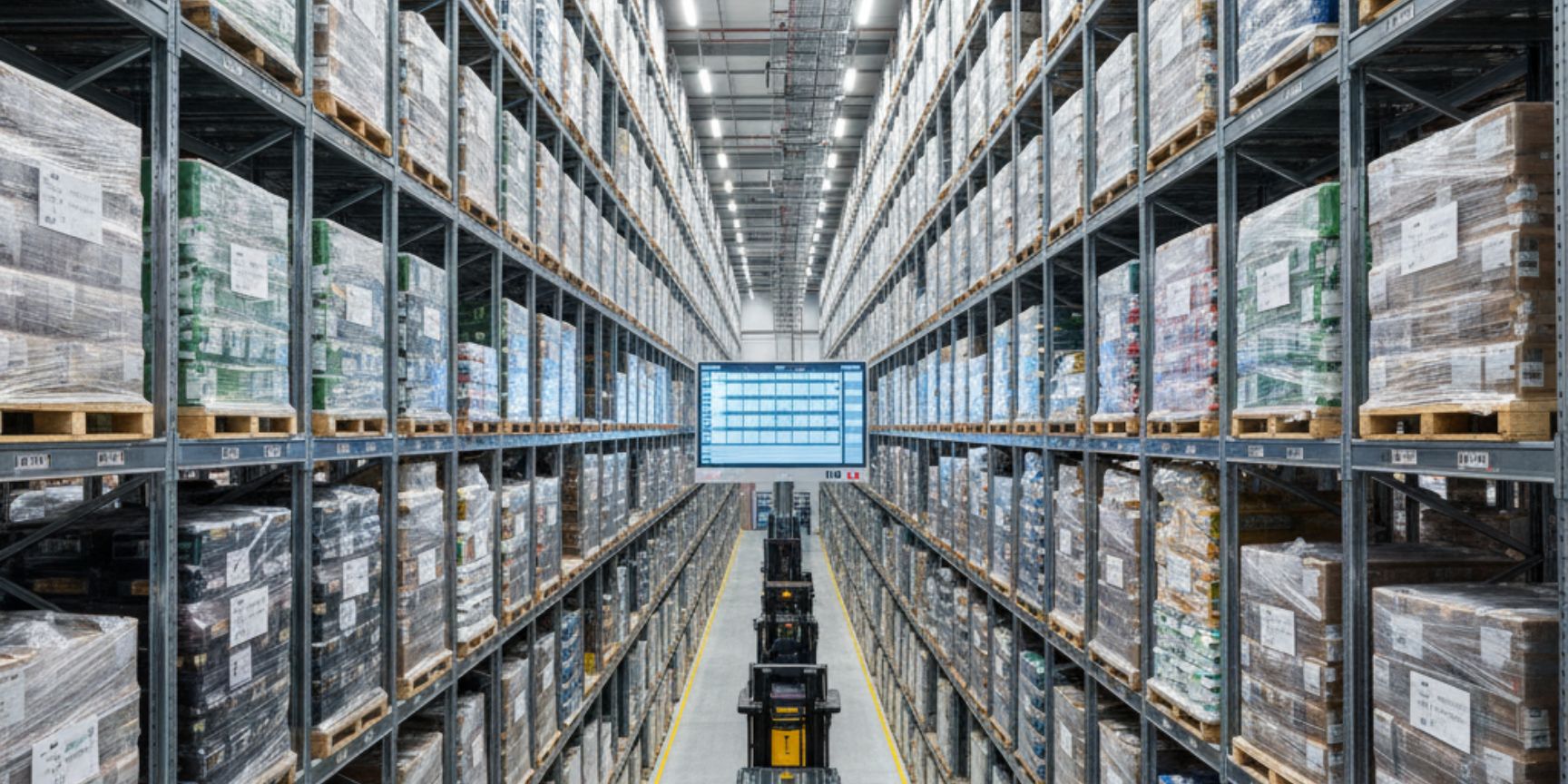 Modern high-bay warehouse with long rows of pallet racks, filled with goods. A narrow-aisle forklift is driving in the middle. In the background, a digital screen with logistics data can be seen, symbolizing the efficient use of space and capacity management. The image underlines the importance of vertical storage and the optimized storage space requirement for storage capacity in modern logistics.
